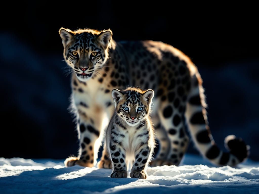 Snow Leopard Silhouette with Baby Kitty