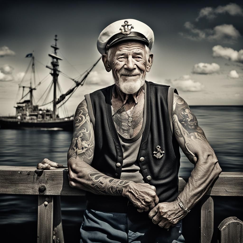 Grinning Old Sailor Portrait in Faded Photograph Style
