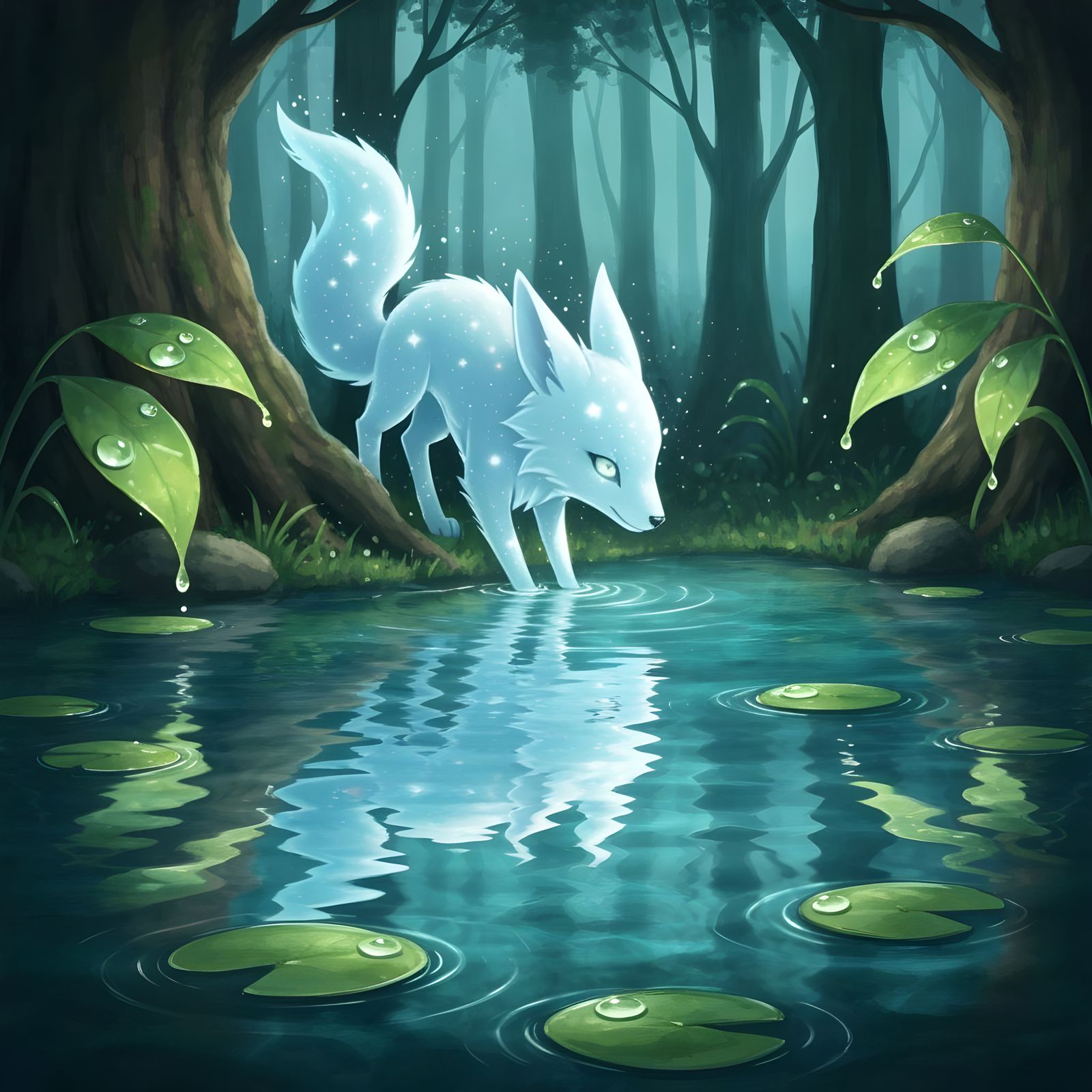 Ethereal Starlight Fox Reflected in Crystal Pond