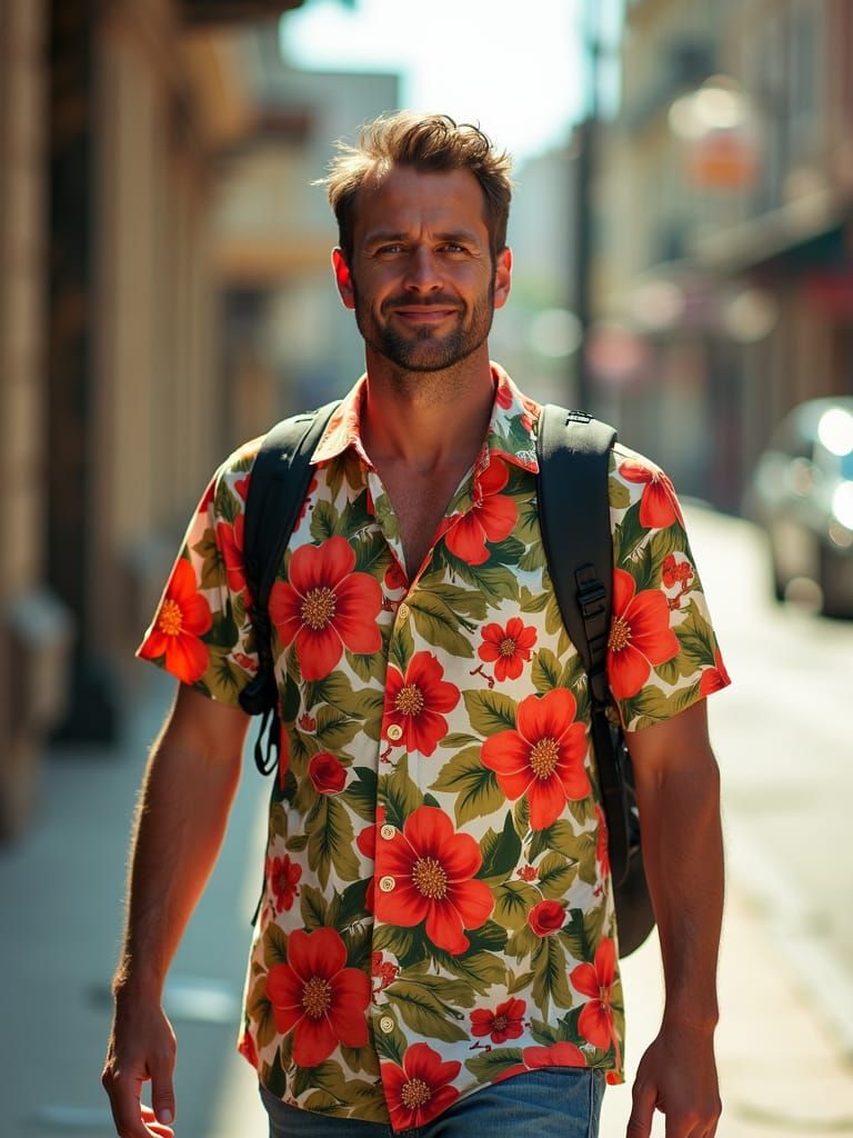 35 year old gentleman walking to first day of college, weari...