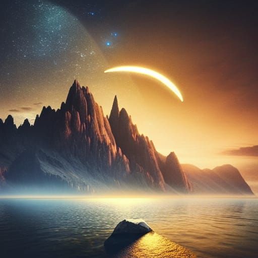 Golden Unicorn in Lake at Night: Digital Painting