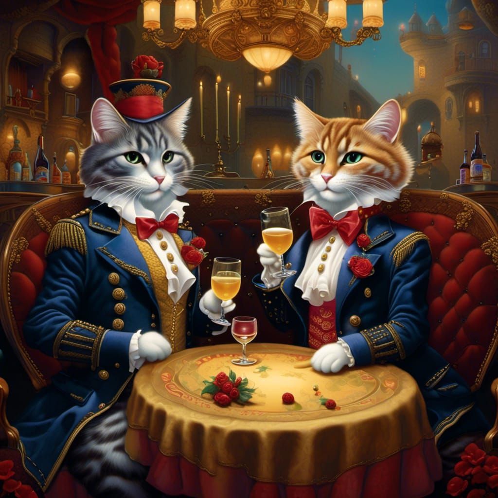 Charming Cat Couple Enjoying Drinks at a Bar
