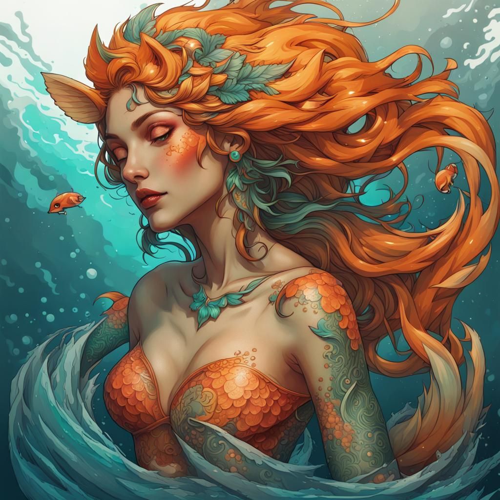 Fox Mermaid Tattoo Concept Art in Orange and Teal