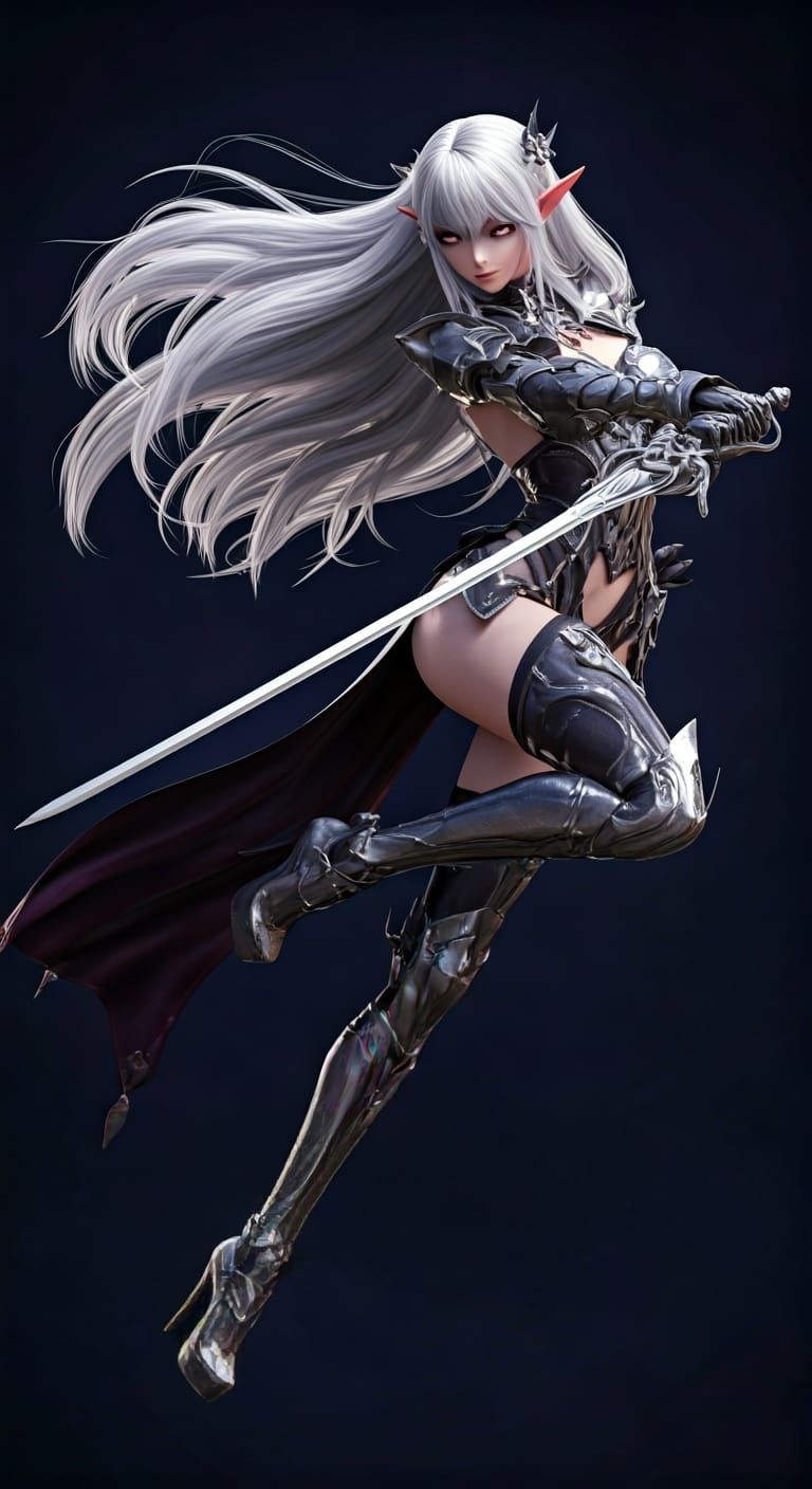 Dark Elf Duelist with Silver Rapier in Anime Style