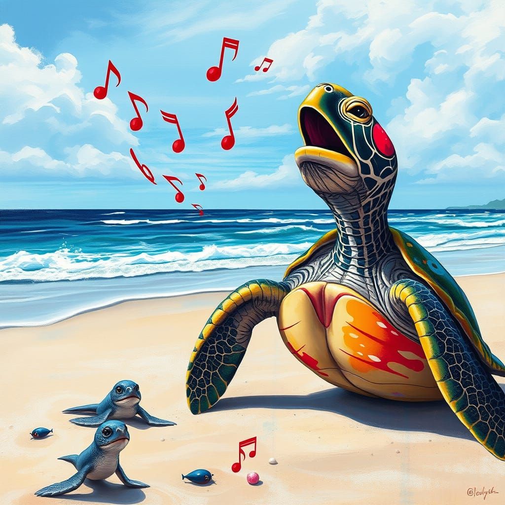 Singing Turtle's Melody on a Graffiti Beach