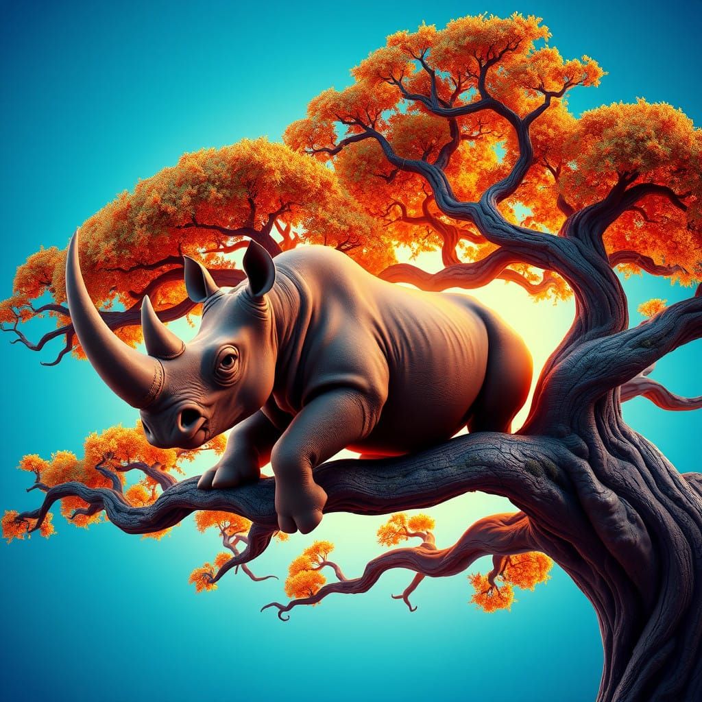 Rhino in a Vibrant Baobab Tree Landscape