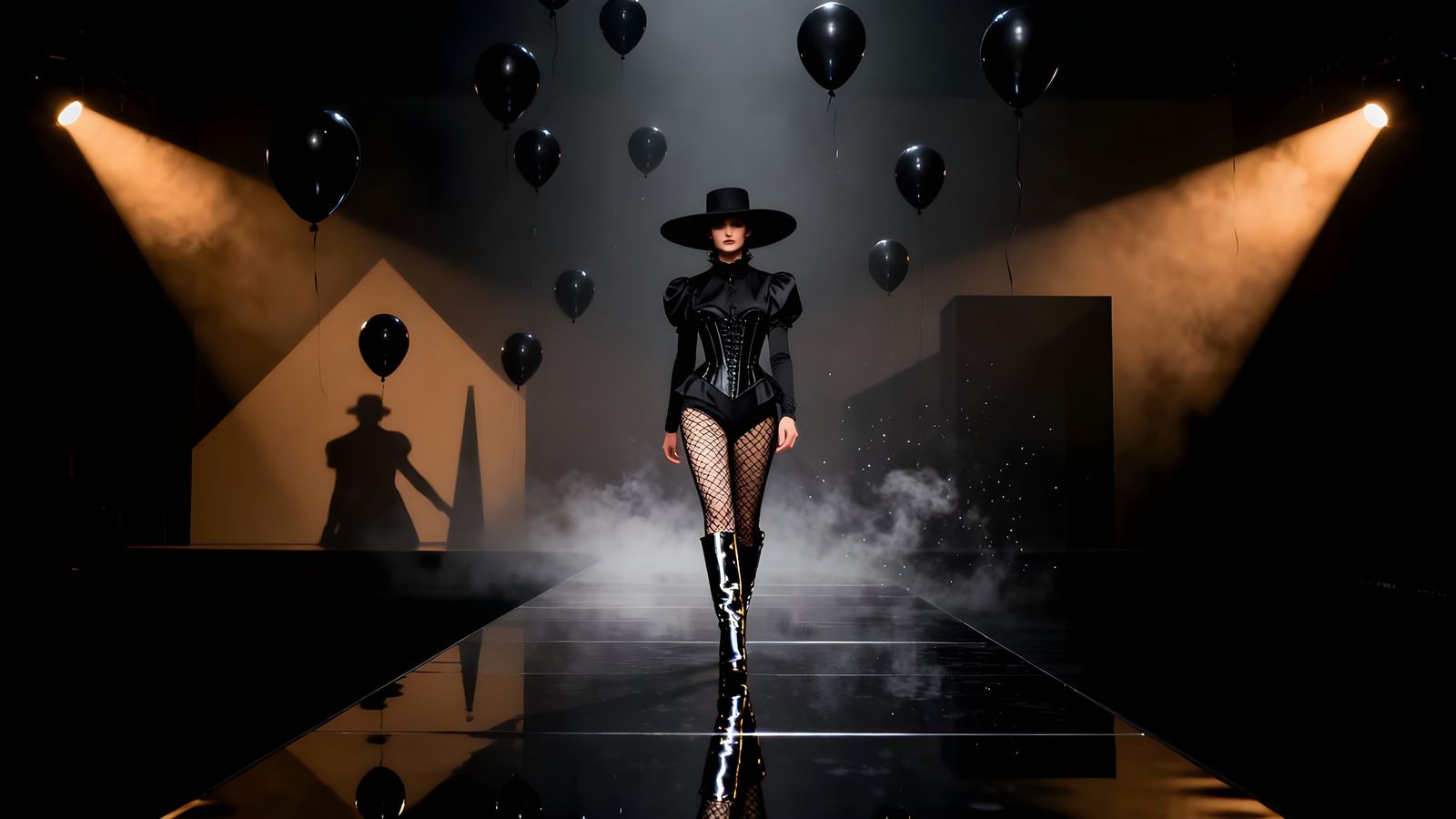 Model Struts Confidently on Shiny Black Runway with Theatric...