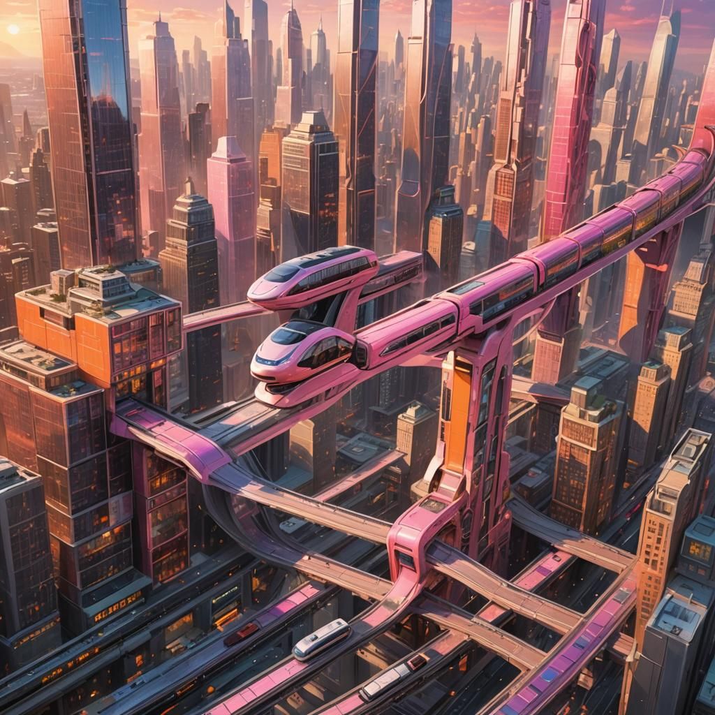 Futuristic Metropolis with Maglev Trains at Sunset