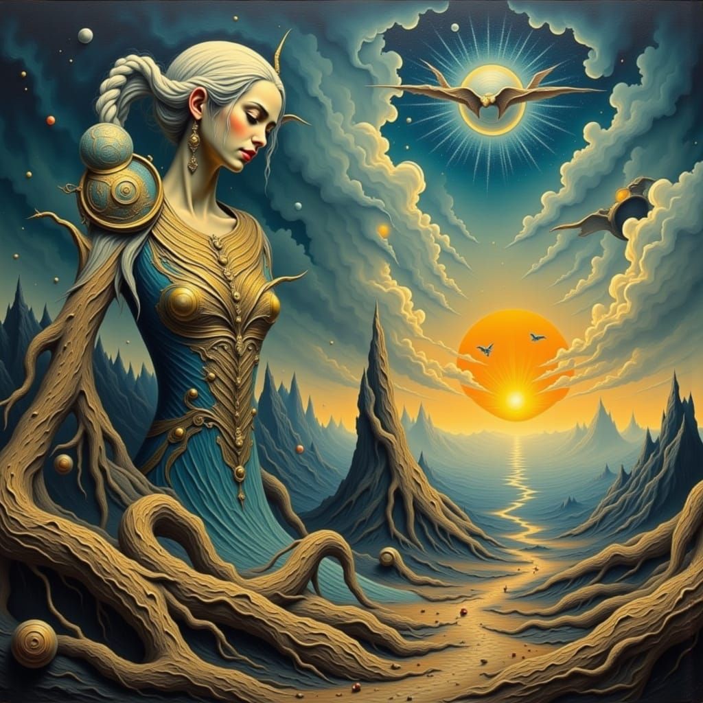 Surreal Woman in Dreamlike Landscape in Surrealism Style