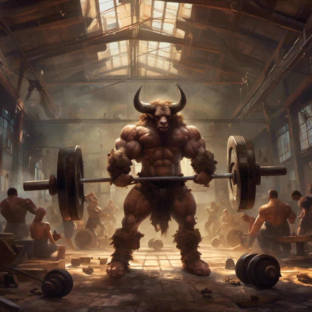 Minotaur Lifting Weights in Gym, Realistic Lighting