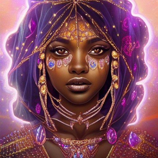 Sun Goddess in Gems with Veil: Digital Illustration