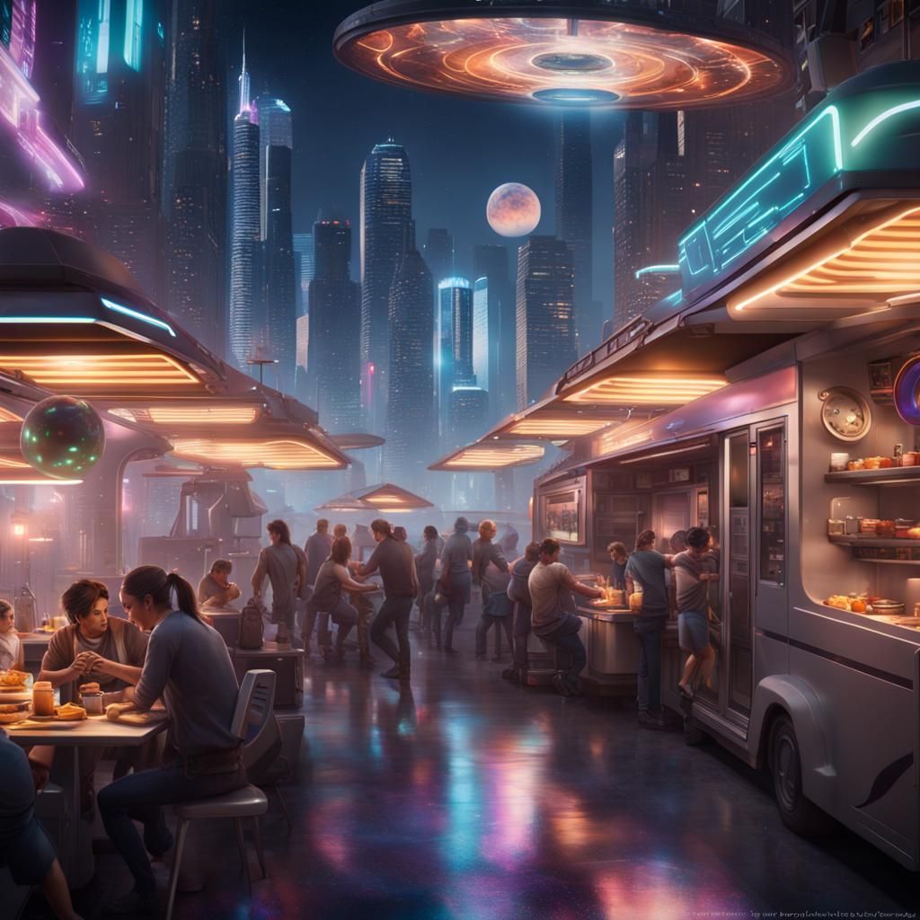 Cyberpunk Food Trucks Serving Futuristic Fusion Cuisine