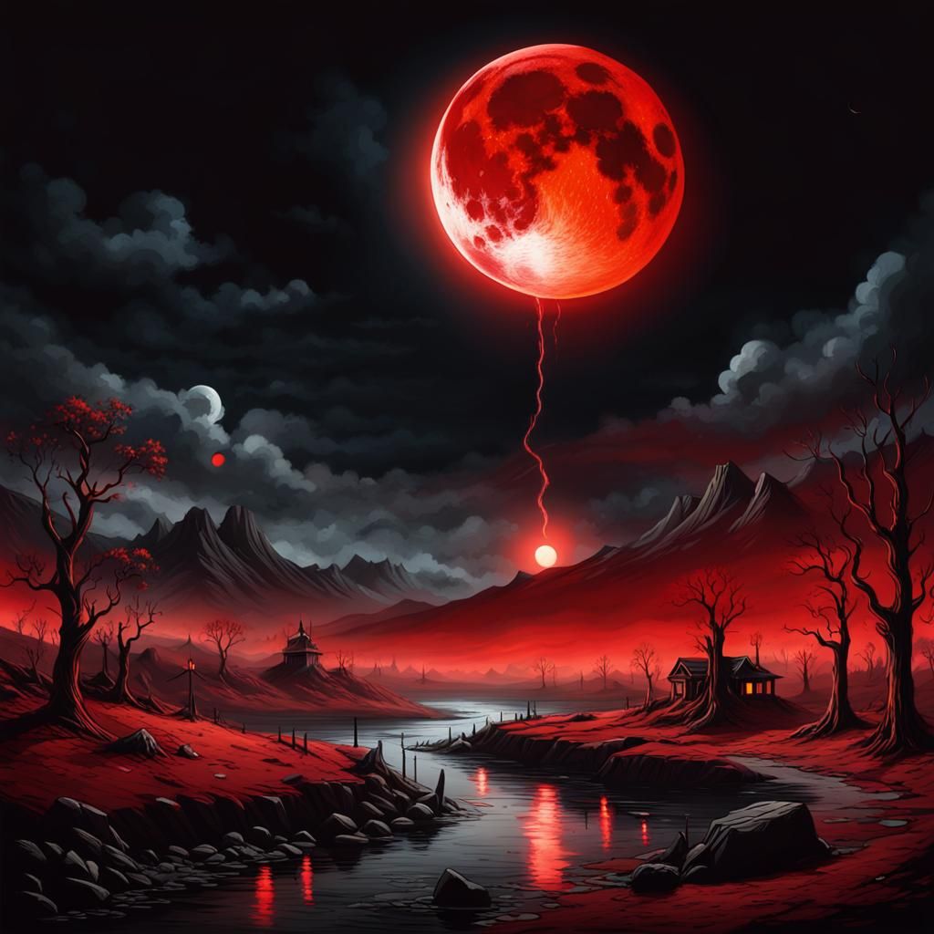 Blood Moon Illuminates Dark Landscape in Cyberpunk Style
