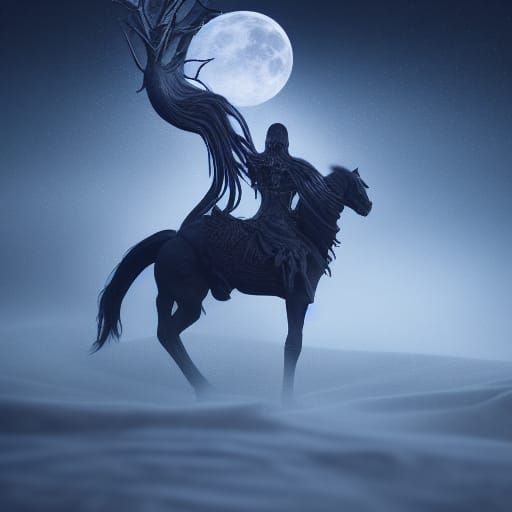 Cloaked Rider on Skeleton Horse in Dark Fantasy Moonscape