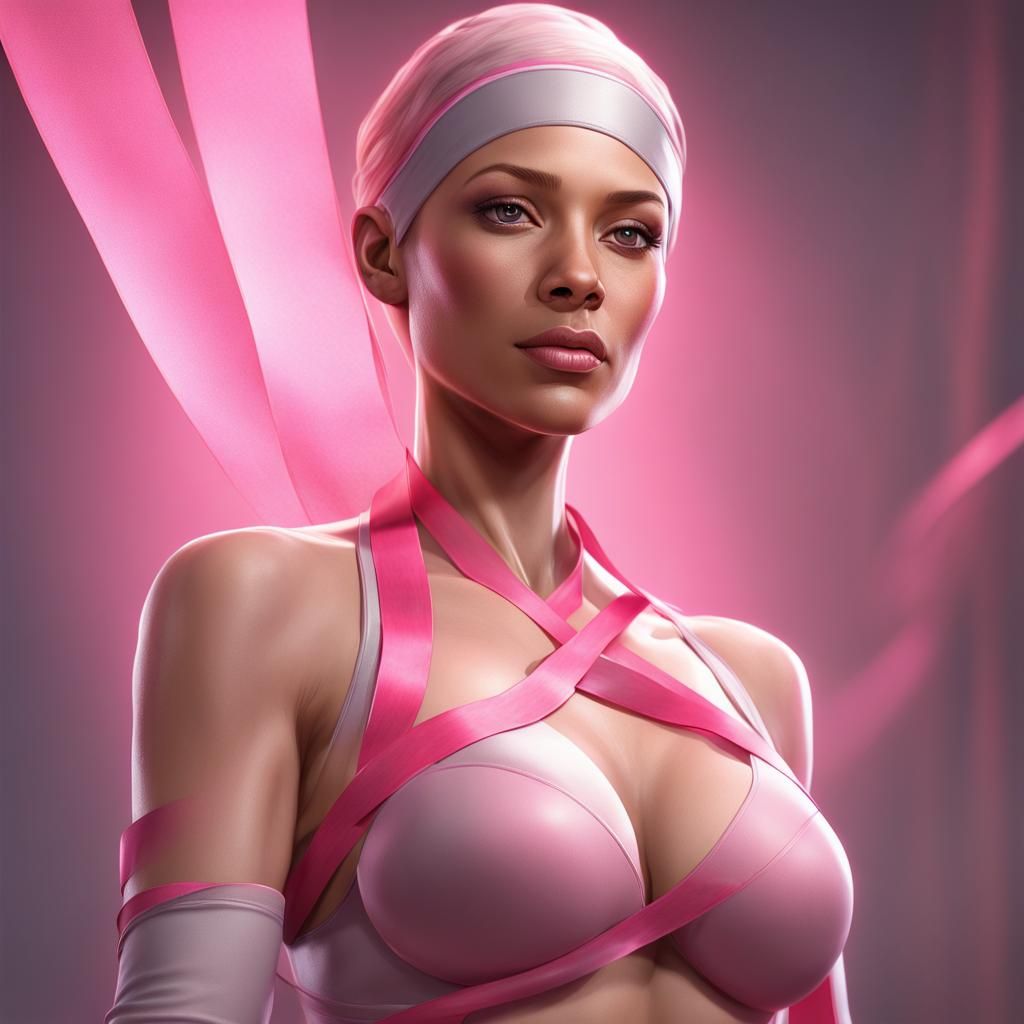 Confident Woman with Pink Ribbon: Hyperdetailed Portrait