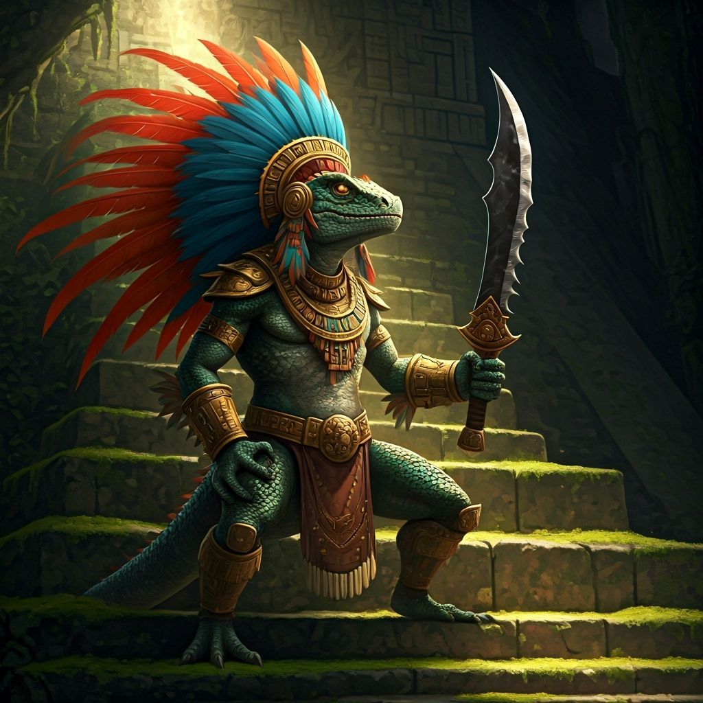 Aztec Lizard Warrior in Dramatic Chiaroscuro Style