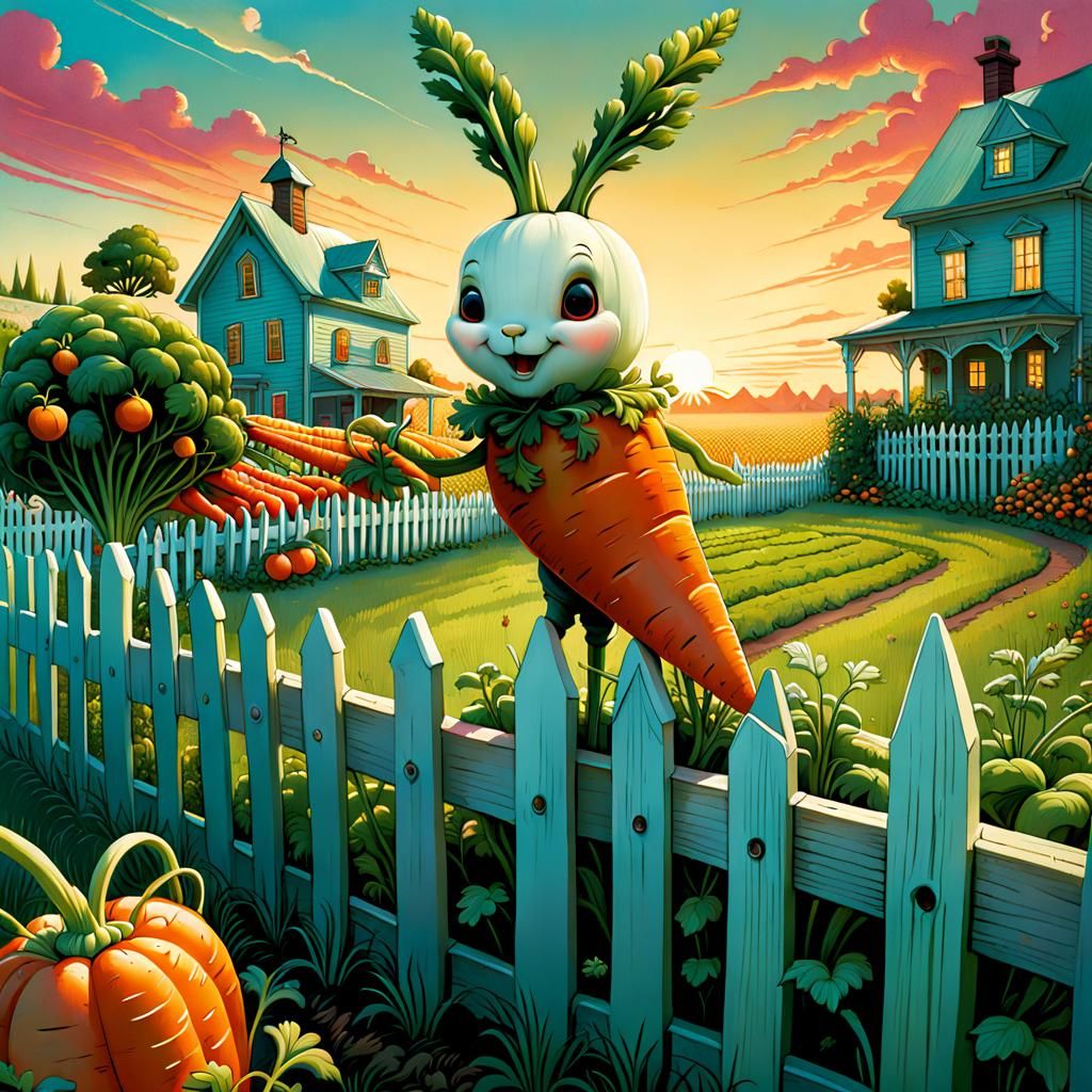 Anthropomorphic Carrot in Surreal Garden at Sunset