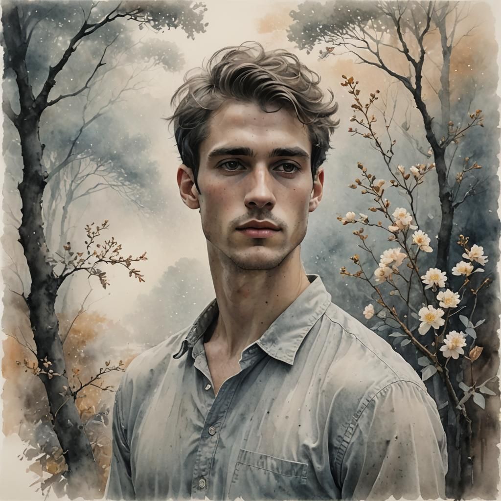 Pointillist Young Man Emerging from Misty Watercolor