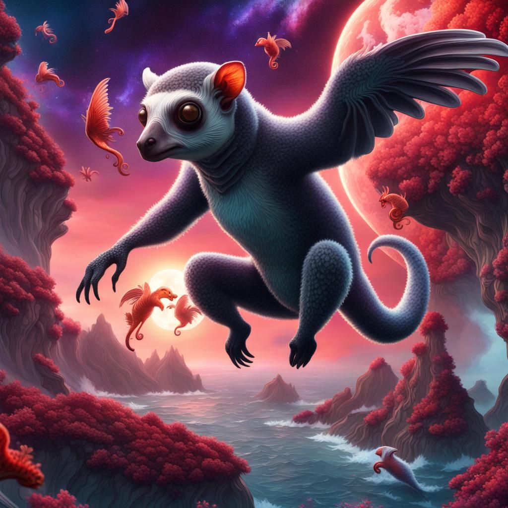 Flying Lemurs Chase Through Galaxy: Fantasy Concept Art