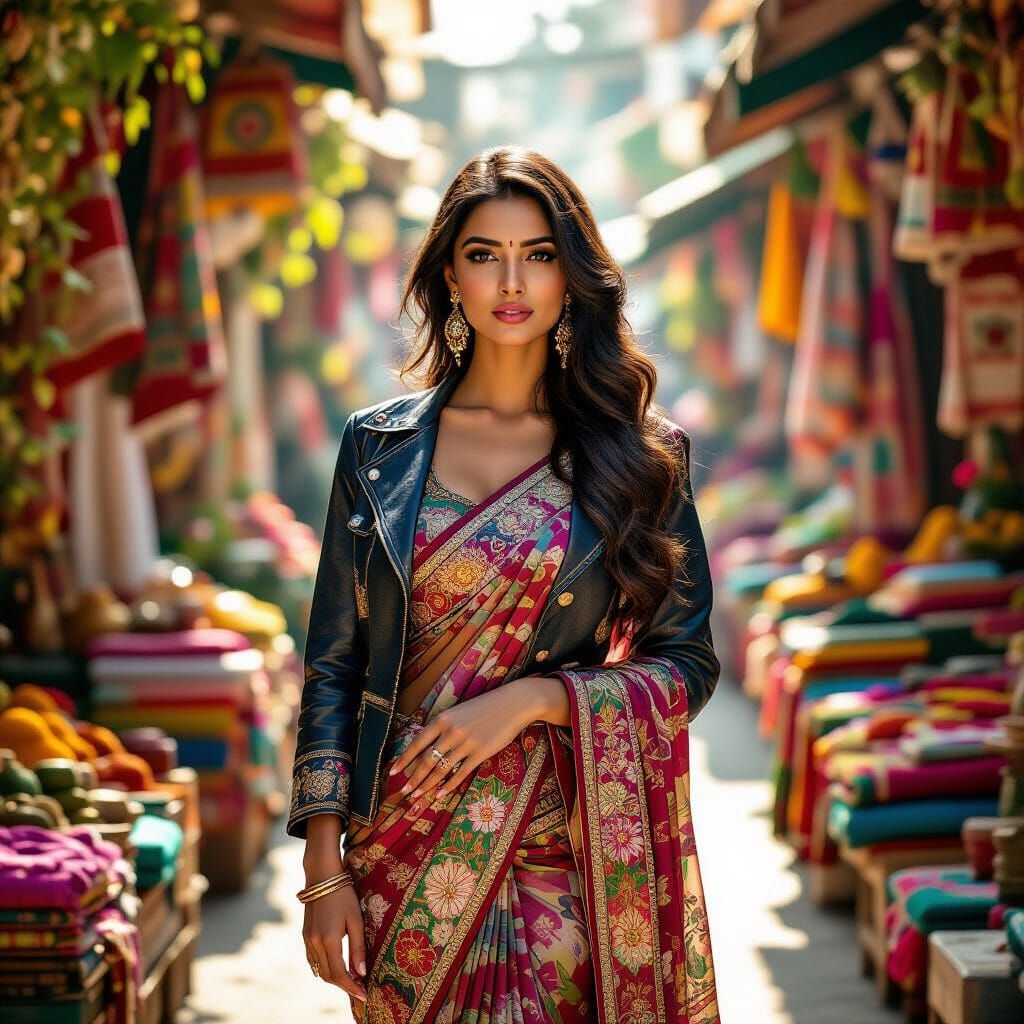 Confident Indian Woman in Vibrant Marketplace, Cinematic Sty...