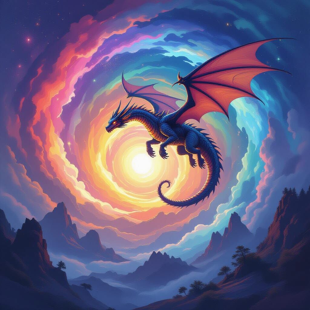 Clockwork Dragon Soaring Over Cosmic Vortex: Airbrush Art