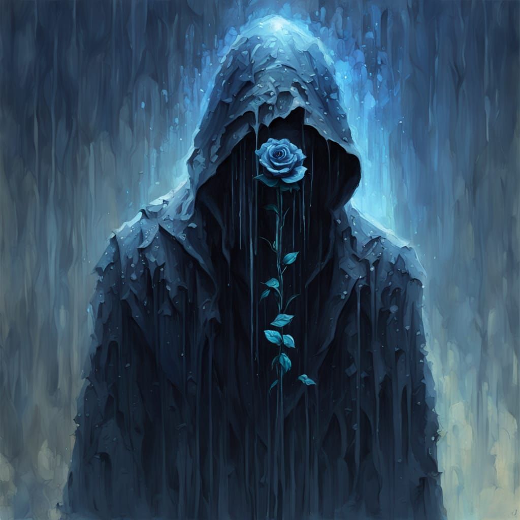 Melancholic Silhouette with Rose in Rainy Fantasy Painting