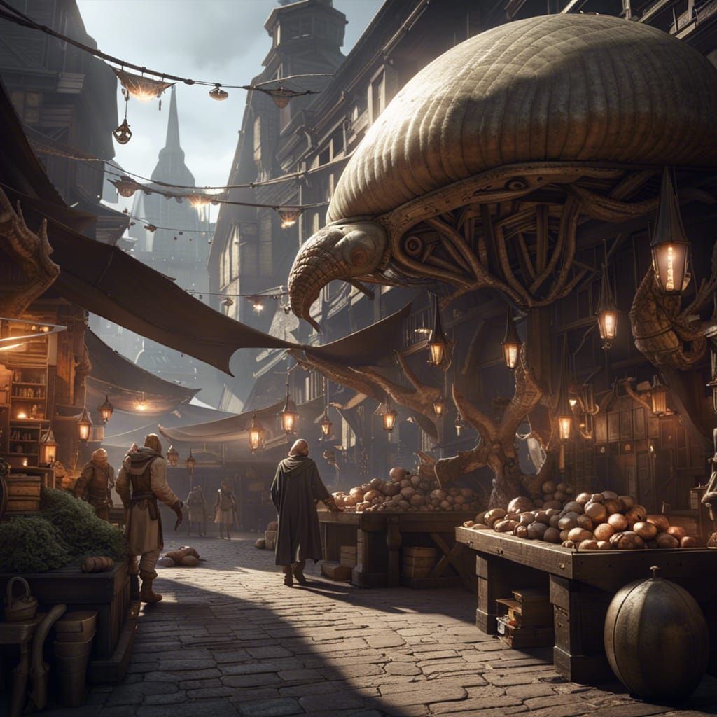 Alien-Run Medieval Market in Sci-Fi Fantasy Style