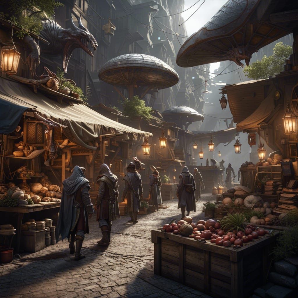 Alien-Run Medieval Market in Sci-Fi Style