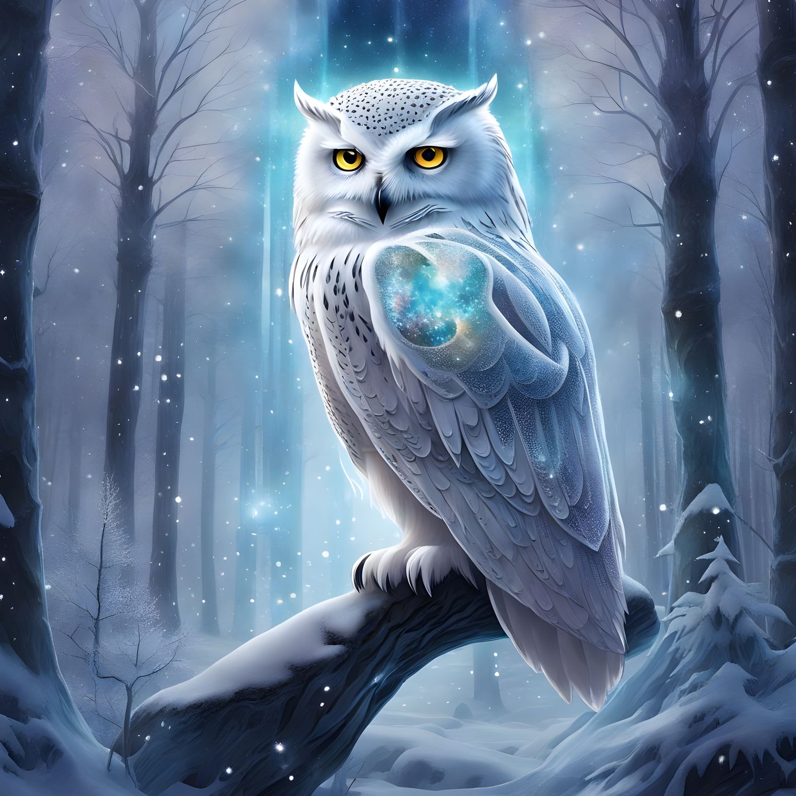 Crystal Snow Owl in Celestial Forest