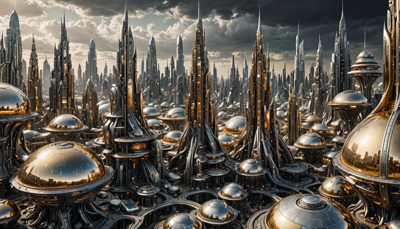 Futuristic Alien City of Liquid Gold and Silver