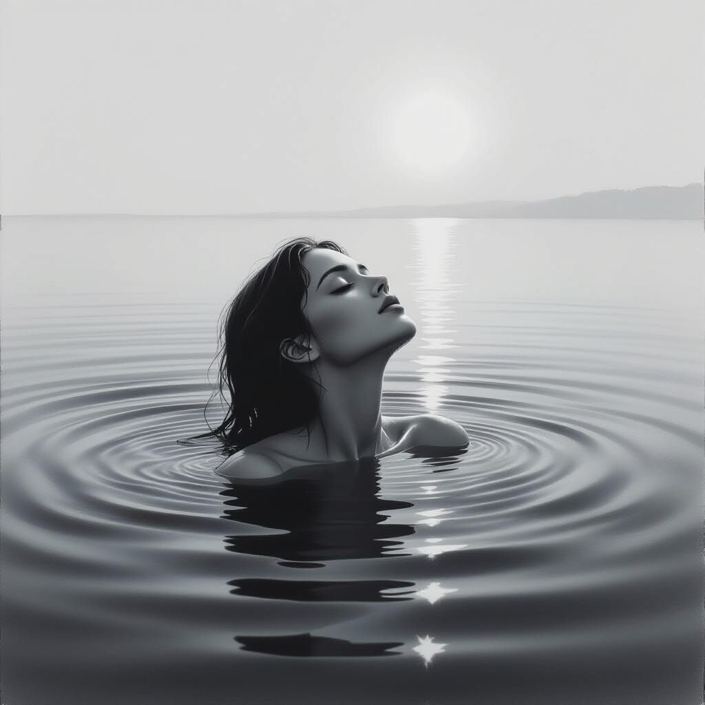 Serene Figure Emerging from Water: Pencil Sketch