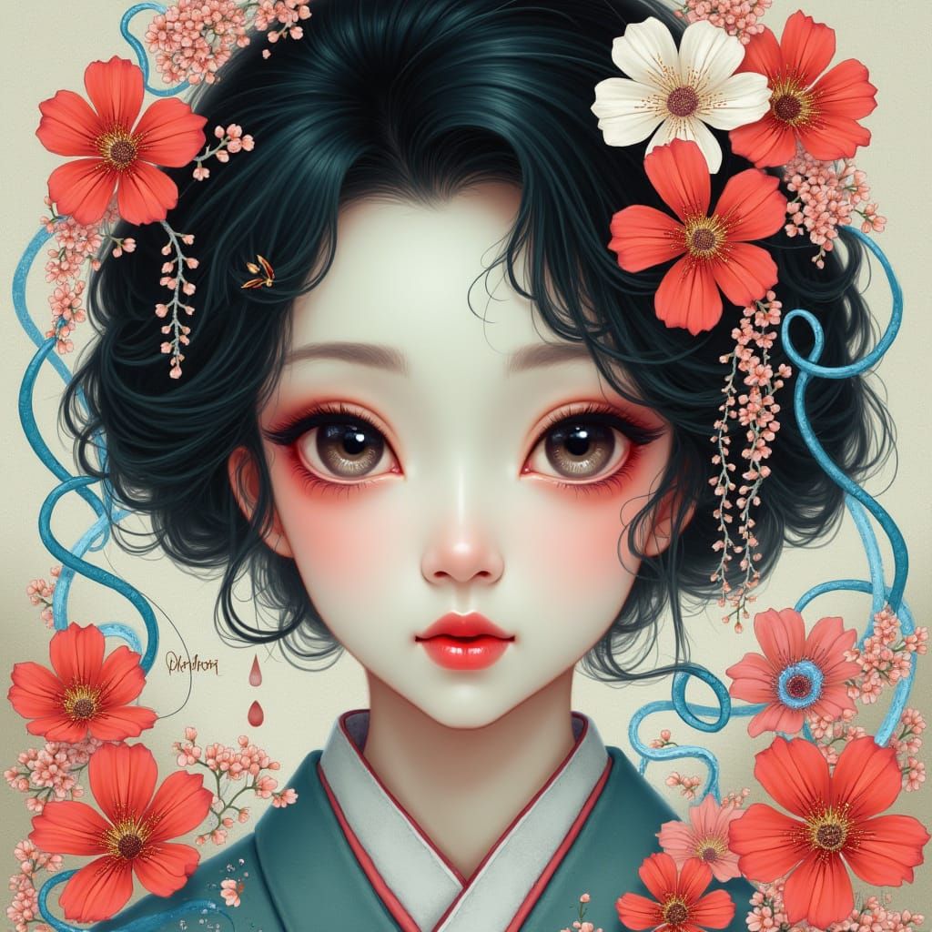 Japanese-Inspired Woman with Floral Patterns in Digital Art