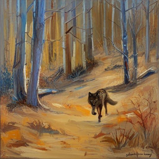 Wolf Running Through Autumn Woods as Oil Painting