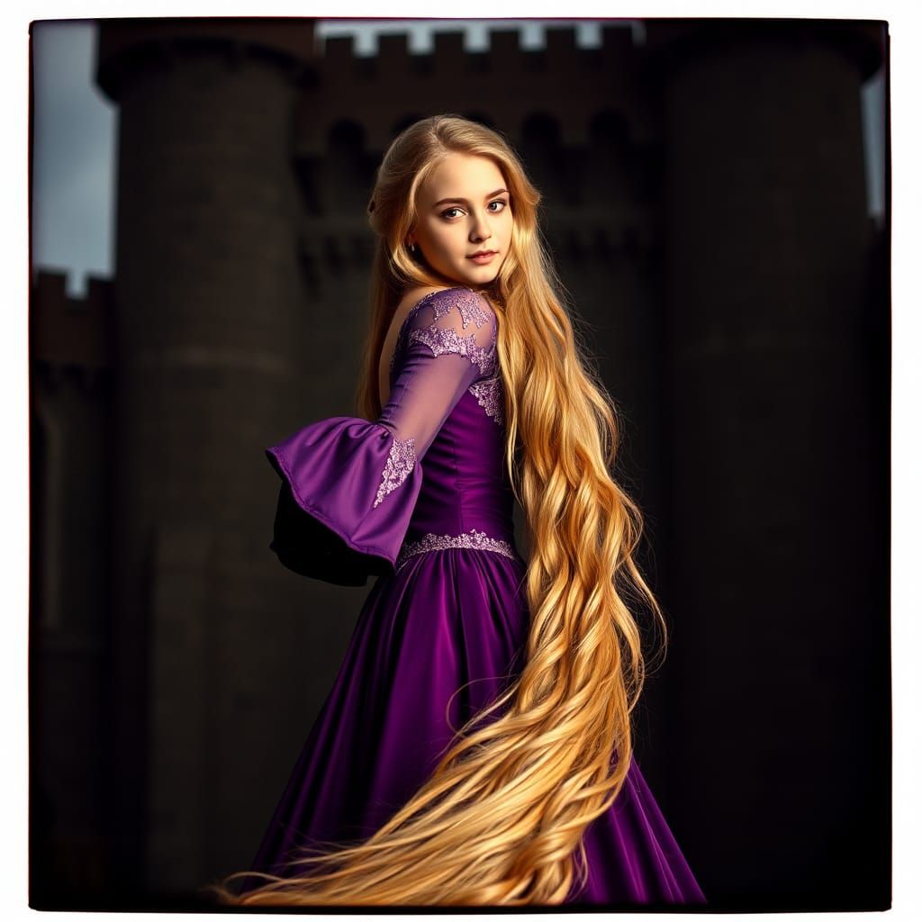 Rapunzel in Plum Gown with Flowing Hair