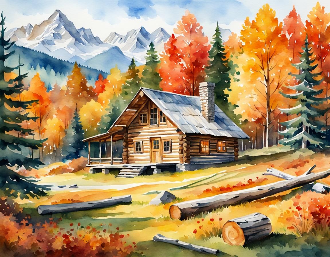 Watercolor Fall Forest Landscape with Log Cabin