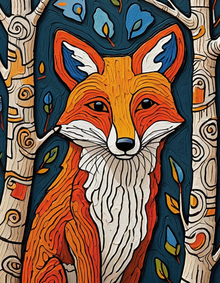 Fox Portrait in Art Brut Style