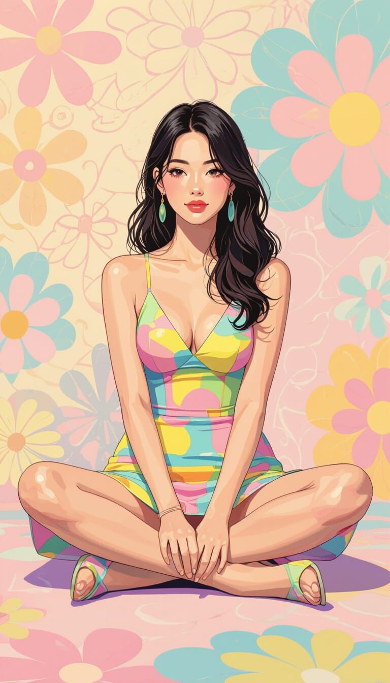 Young Woman in Mini Dress Sitting Cross-Legged in Pastel Col...