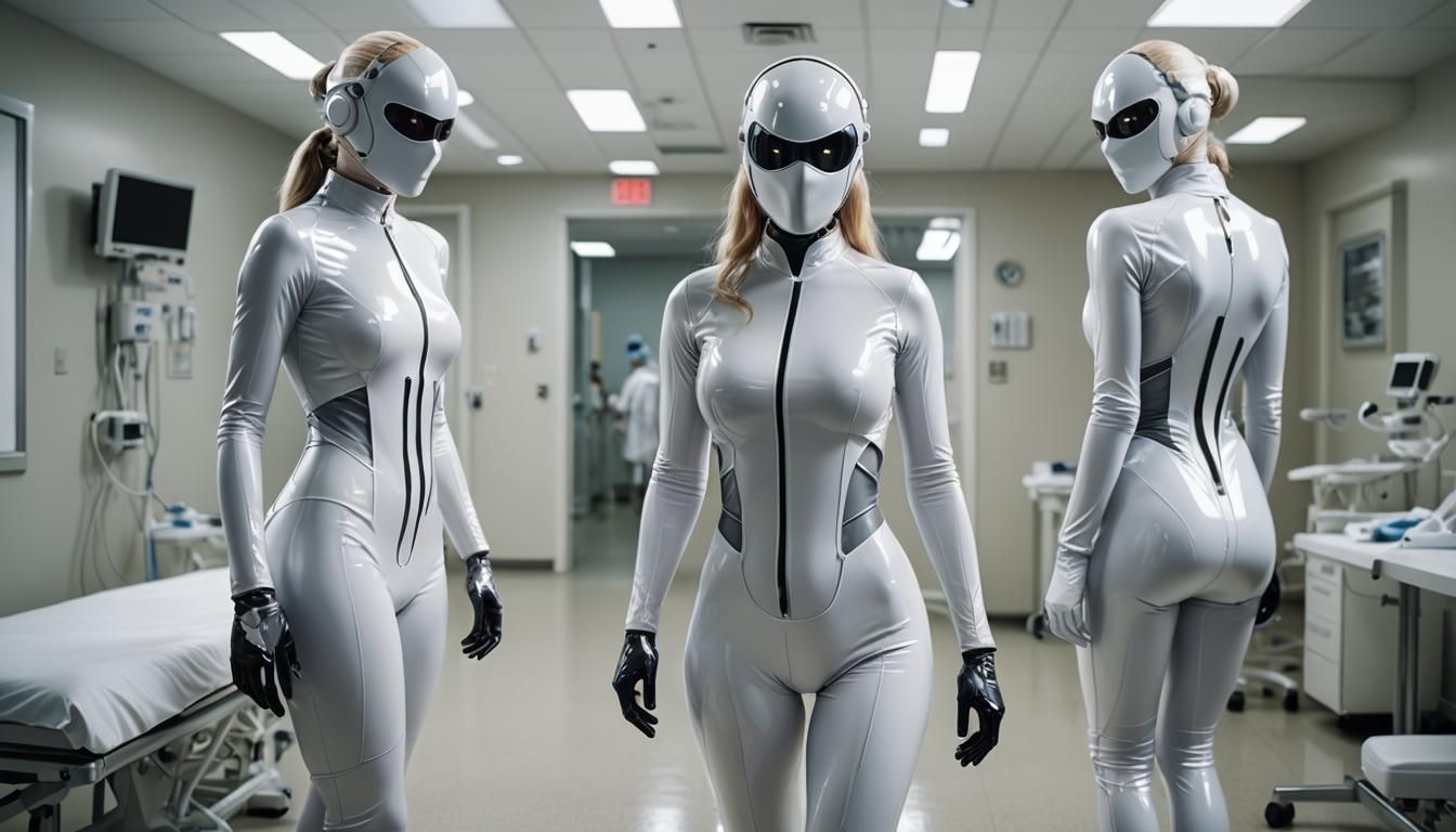 Zentai Nurse Drones in Hospital, Hyperrealistic Illustration