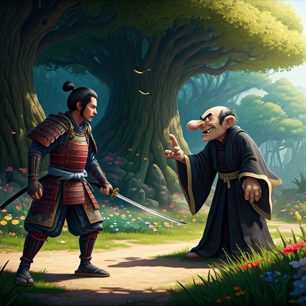 Cyberpunk Samurai vs Gargamel in Intense Duel Scene