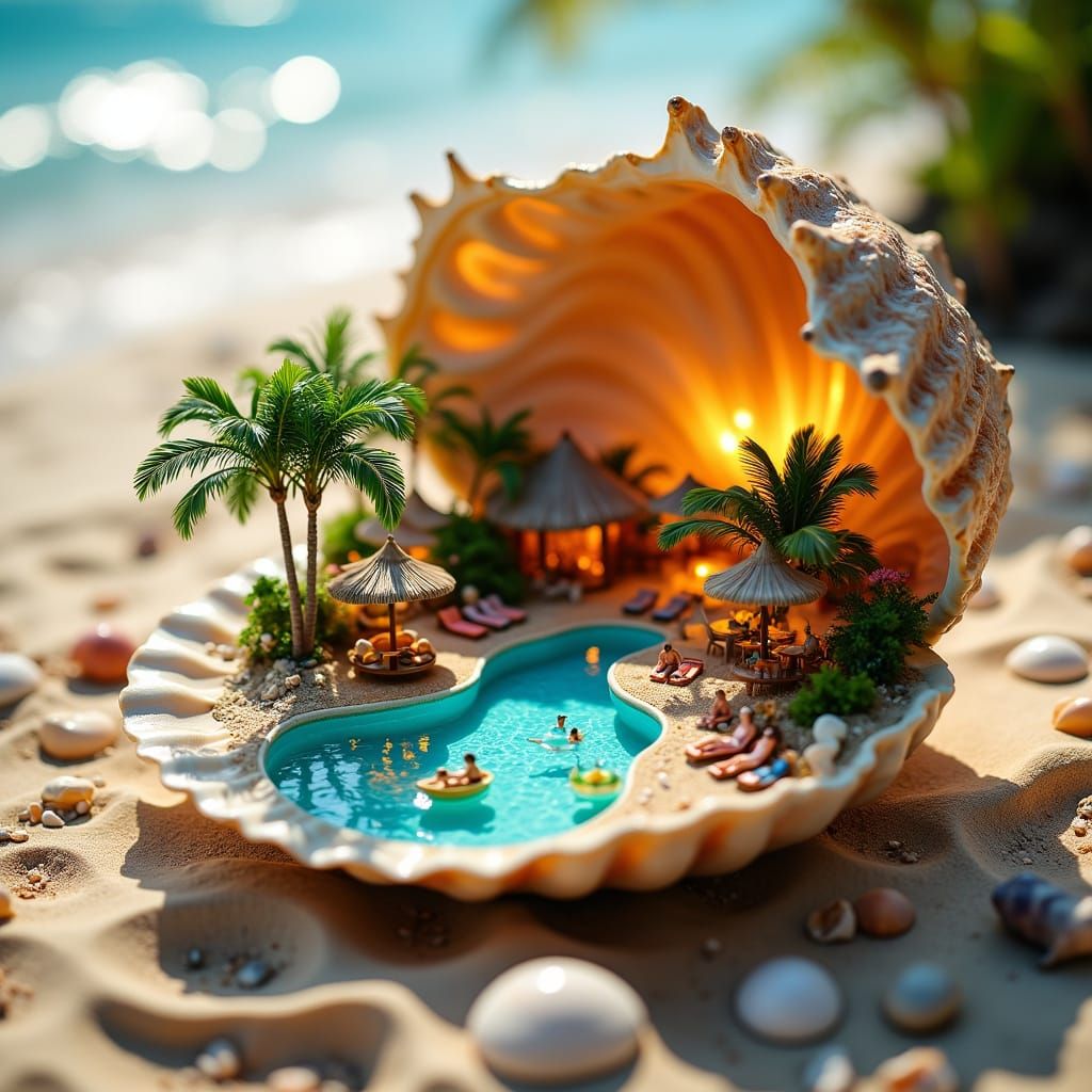 Miniature Tropical Resort Inside Seashell on Beach