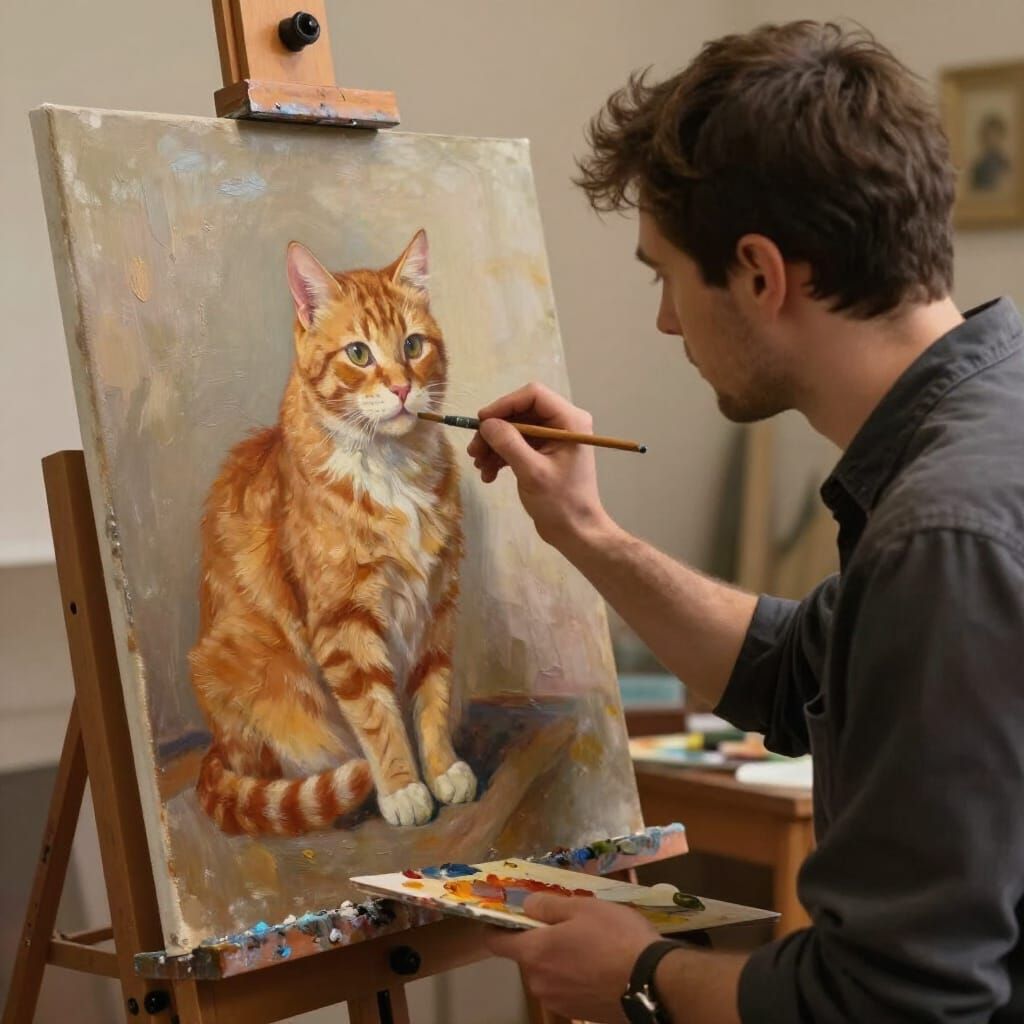 Artist Paints Ginger Cat Portrait in Realistic Impressionism...