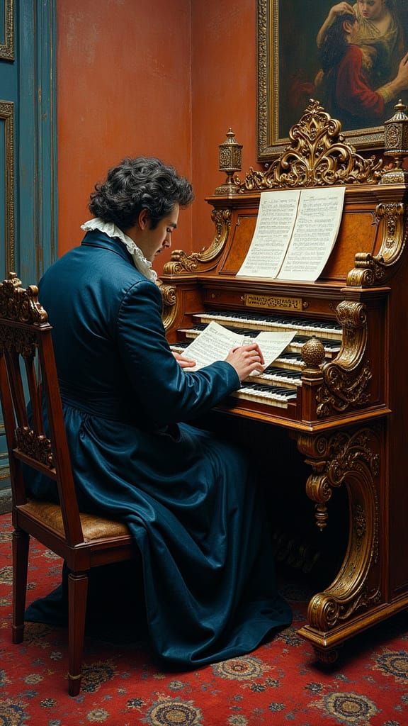 Beethoven Writing a Song while Sitting at a Ornate Organ Moe...