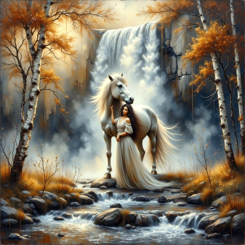 Ethereal Horse and Woman Under Waterfall