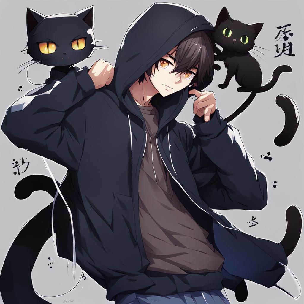 Anime Cat-Boy with Black Cat in Key Visual Style