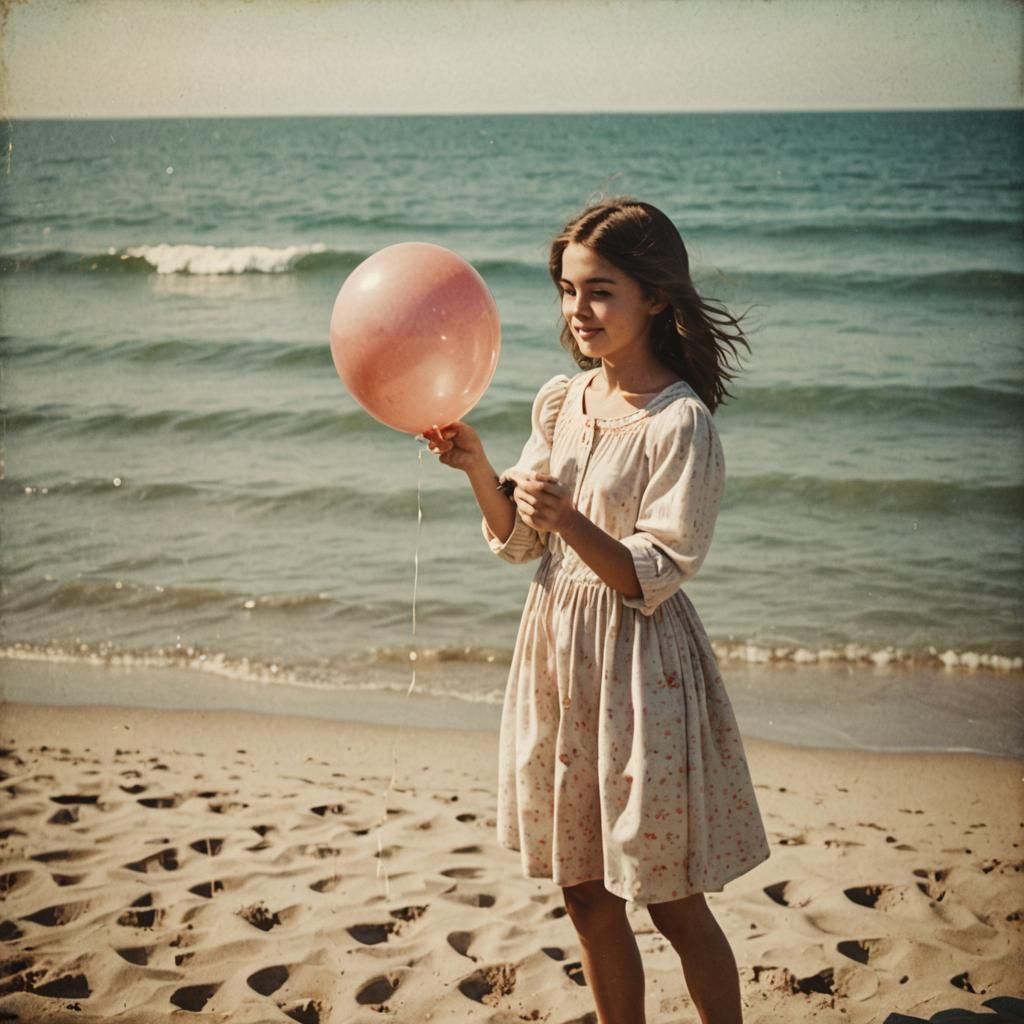 Girl with Balloon: Vintage-Style Beach Photo