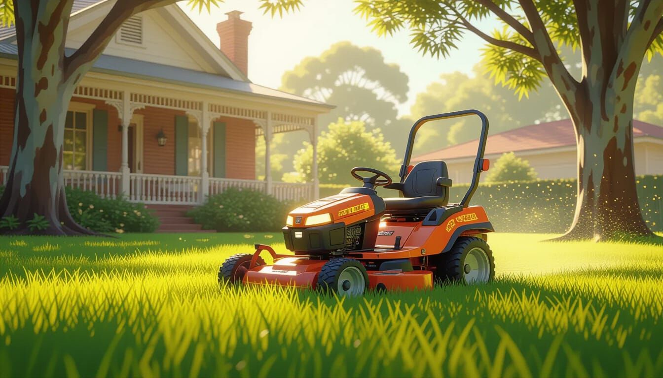 Enchanted Lawn Mower in Sun-Drenched Suburban Yard
