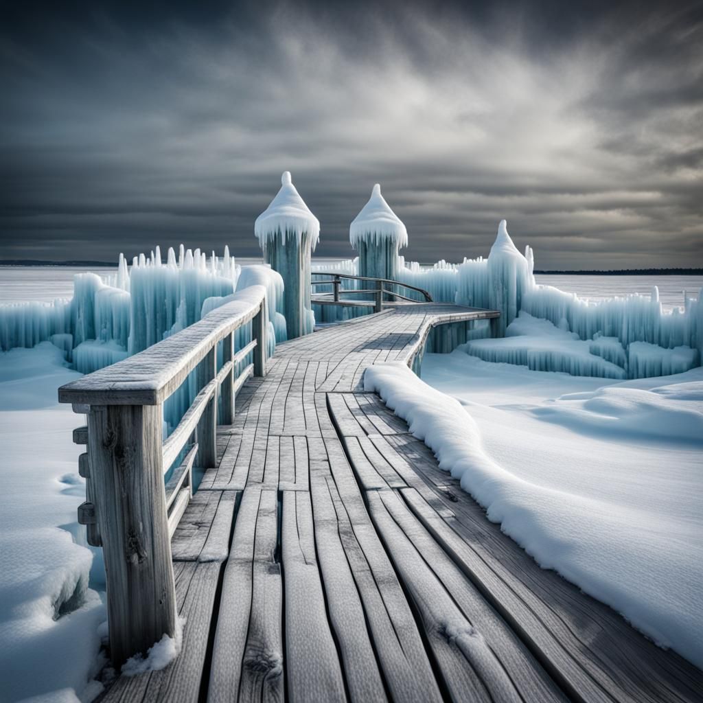 Hyperrealistic Boardwalk Inside an Ice Castle