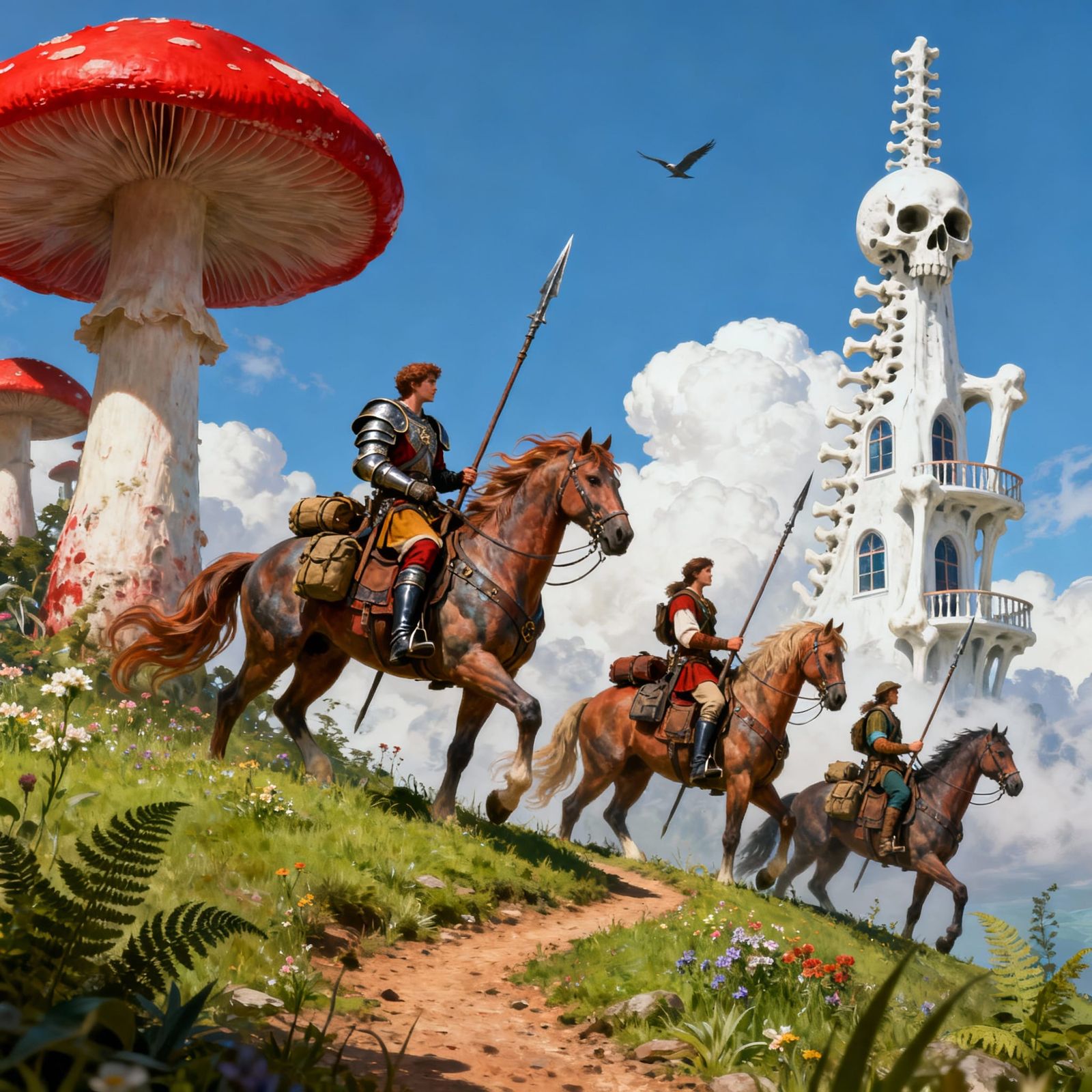 Explorers on Horseback Amidst Giant Fungi and Bone Spires