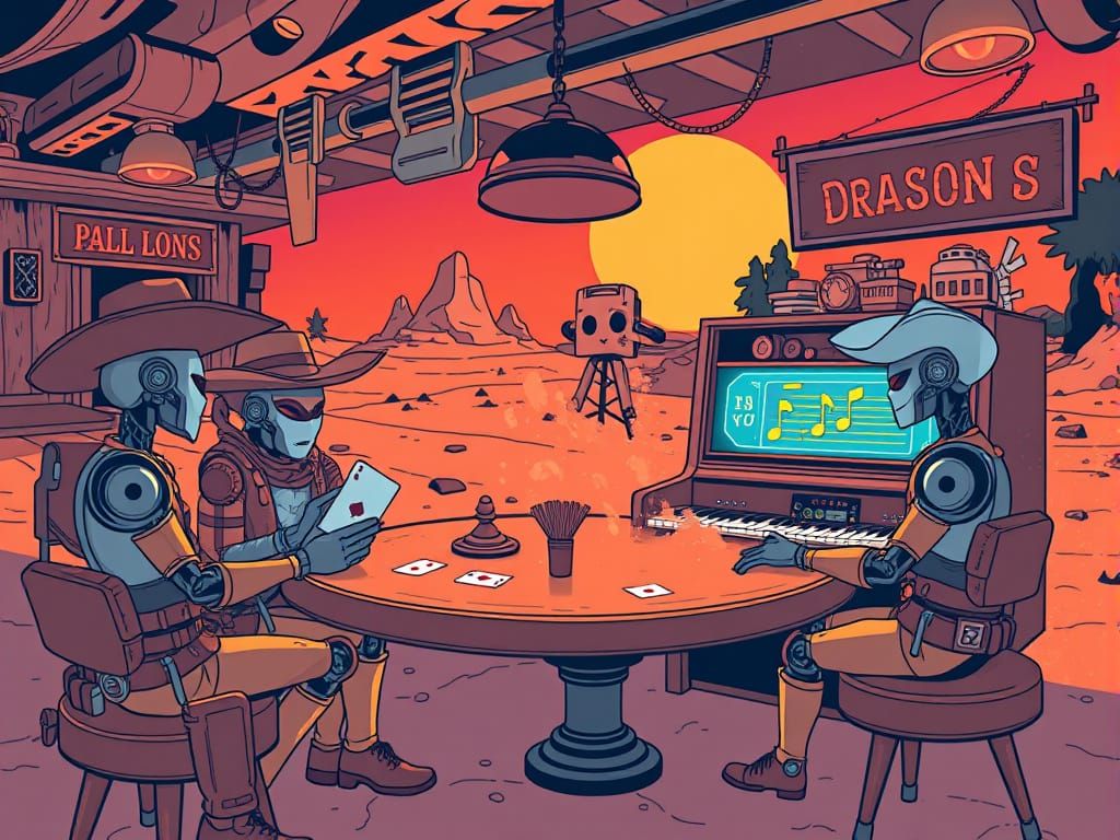 Retro Sci-Fi Western: Android Cowboys in Martian Saloon