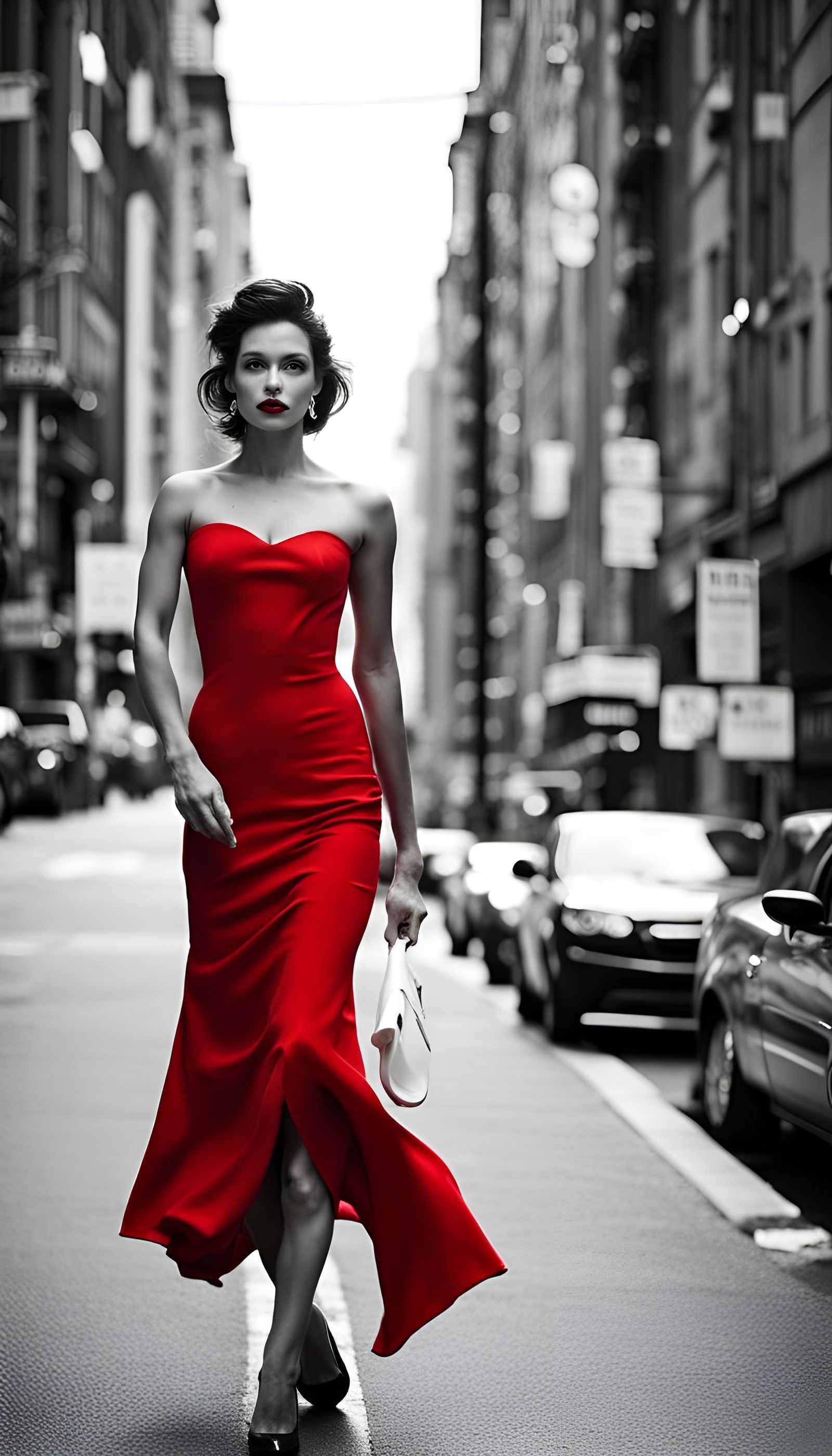 Woman in Red Dress Amidst Monochrome Cityscape